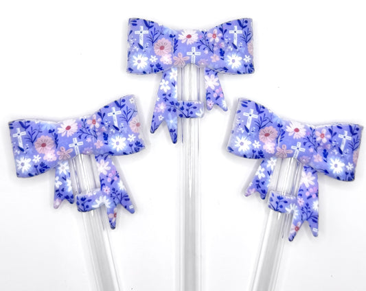 Purple floral cross silicone straw topper