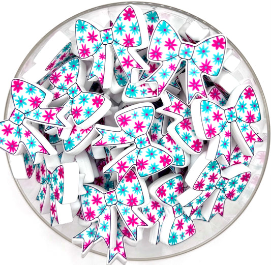 Pink & turquoise daisy printed bow (HBK exclusive silicone focal bead