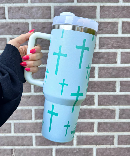 40 oz turquoise cross print stainless steel tumbler (HBK exclusive)