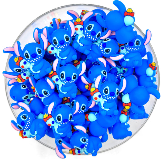 3D Blue alien and friend silicone focal bead