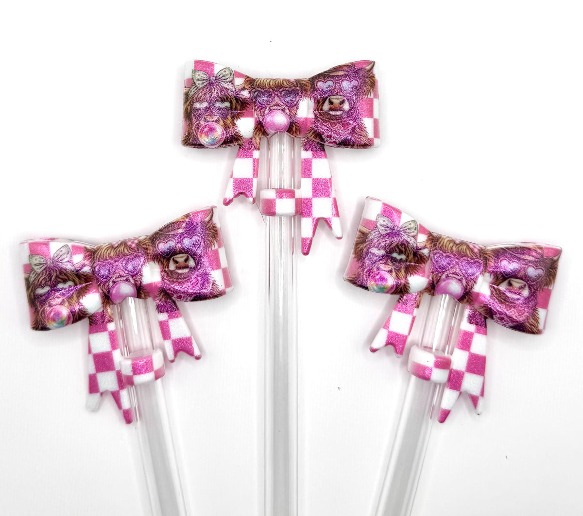 Bubblegum Highland cow (HBK exclusive) big bow silicone straw topper ￼