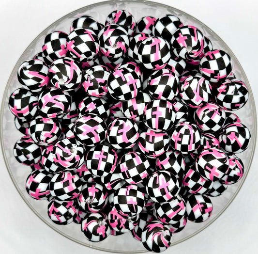 15mm hot pink checkered cross print (HBK exclusive) silicone bead