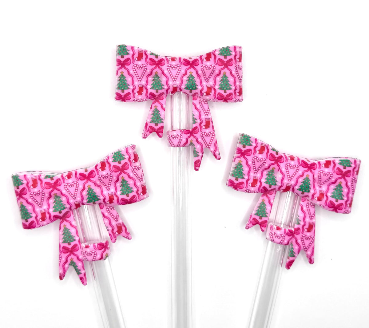 Pink Christmas wonderland big bow silicone straw topper