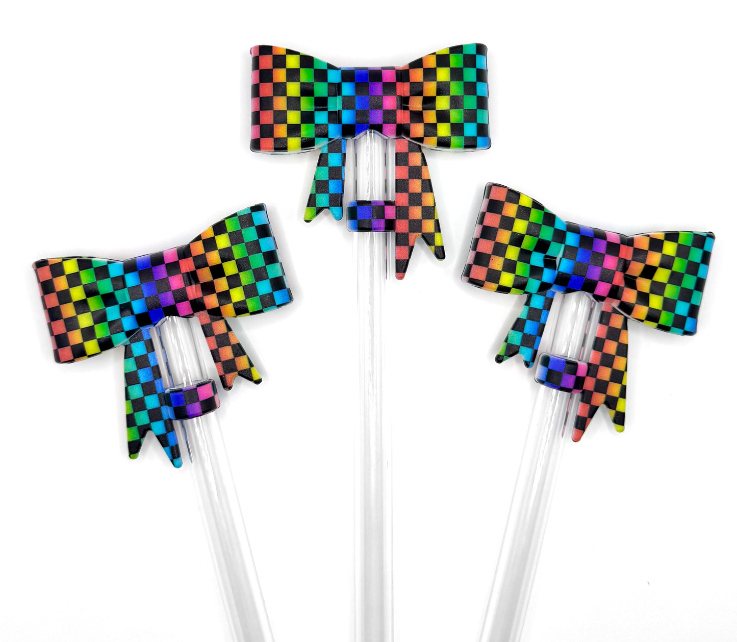 Black checkered rainbow silicone straw topper