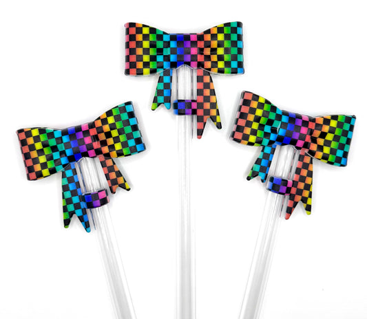 Black checkered rainbow silicone straw topper