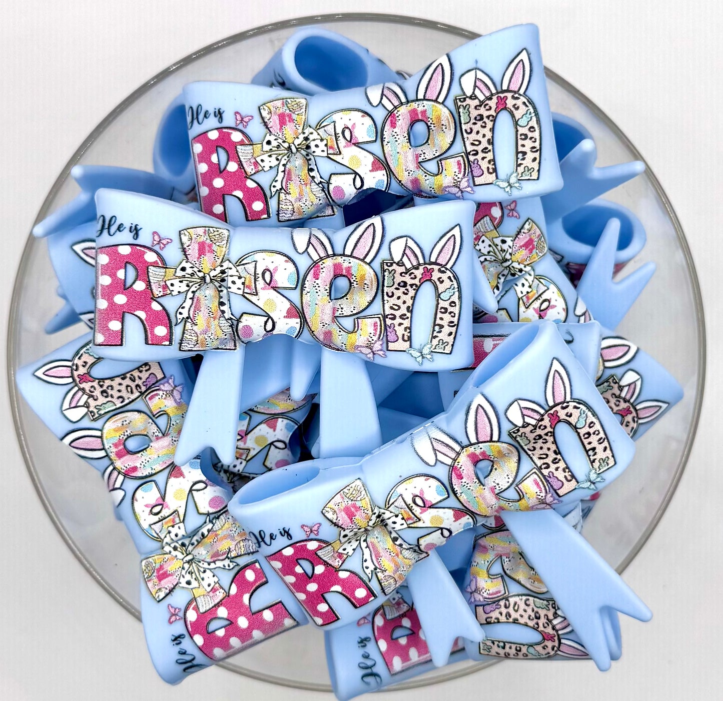 He is risen pastel blue big bow silicone focal bead