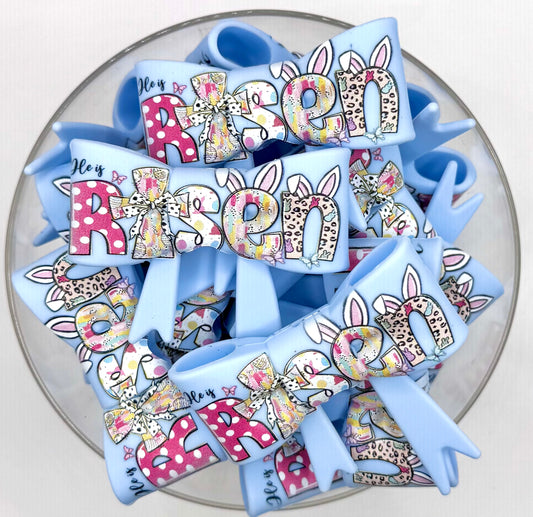 He is risen pastel blue big bow silicone focal bead
