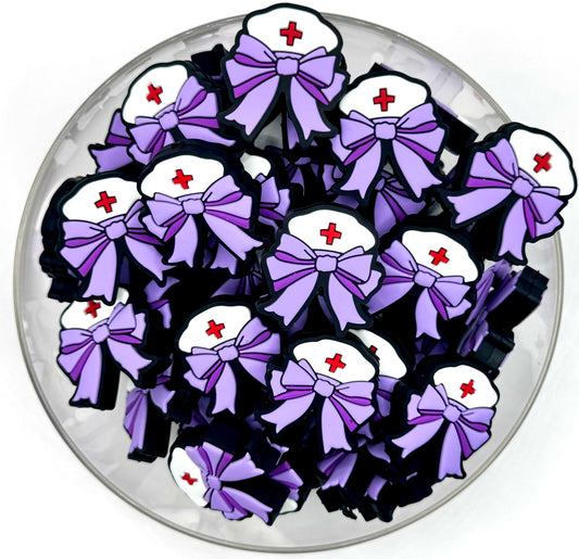 Purple nurse bow silicone focal bead