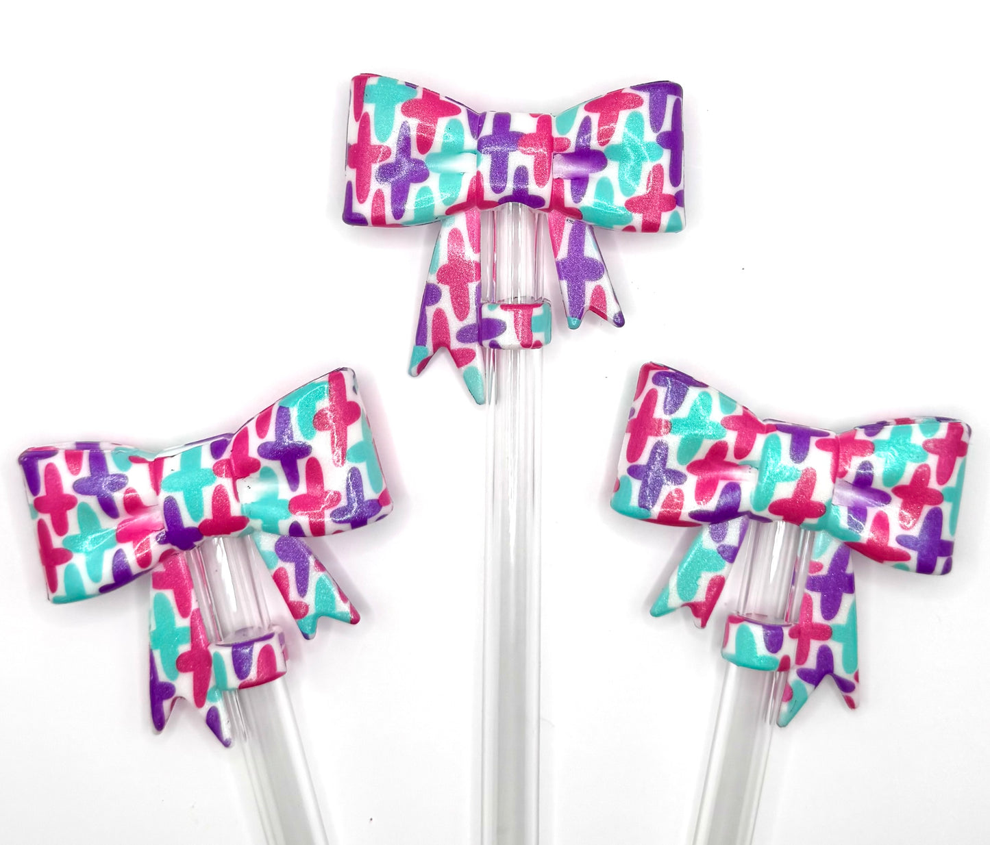 Brush stroke cross print big bow silicone straw topper (HBK exclusive)
