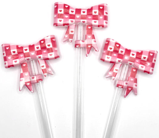 Checkered hearts (HBK exclusive) bow silicone straw topper