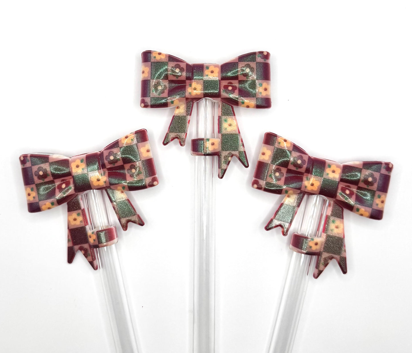 Checkered Daisy big bow silicone straw topper