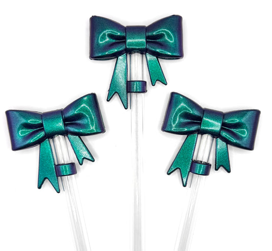Opal forest green bow silicone straw topper