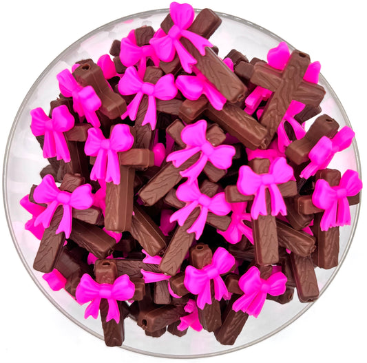 3D wooded cross with hot pink bow (HBK exclusive) silicone focal bead