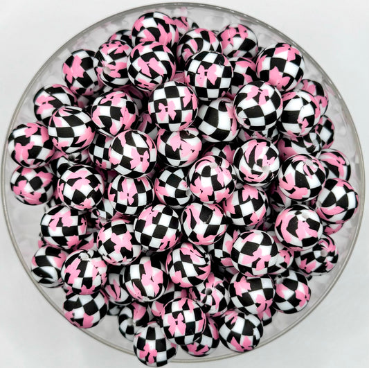 15mm pink bow checkered print (HBK exclusive) silicone bead