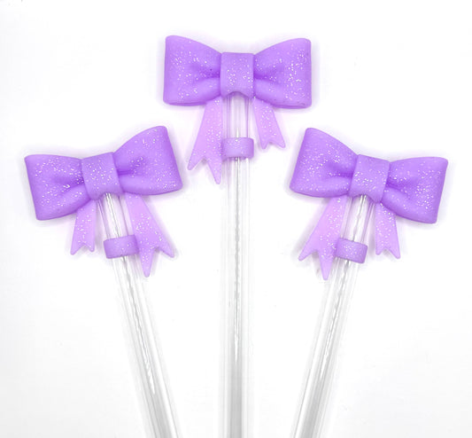 Purple glitter silicone bow straw topper