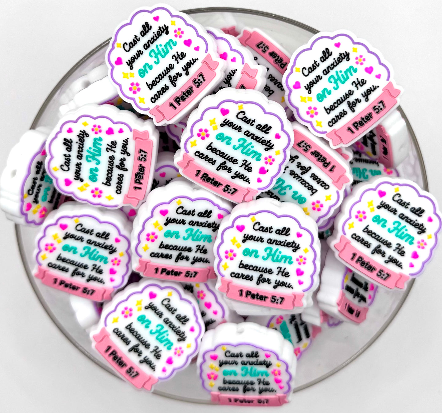 1 Peter 5:7 cast all your anxiety on him silicone focal bead ￼