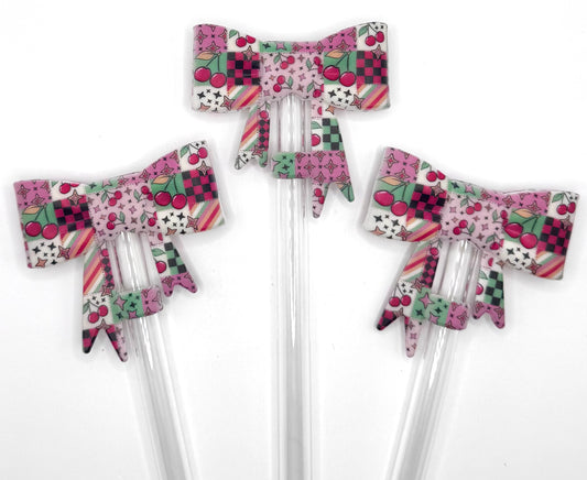 Retro cherry patchwork silicone straw topper