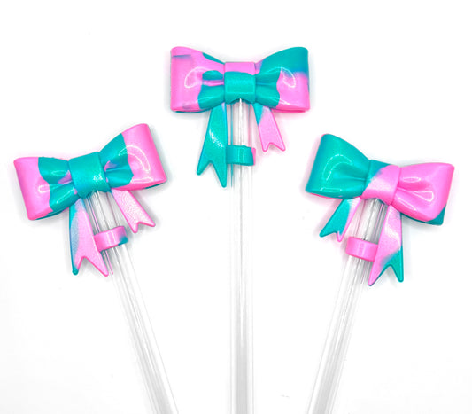 Pink & turquoise bow silicone straw topper