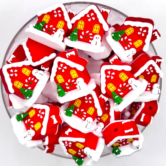 3D red christmas gingerbread house silicone focal bead