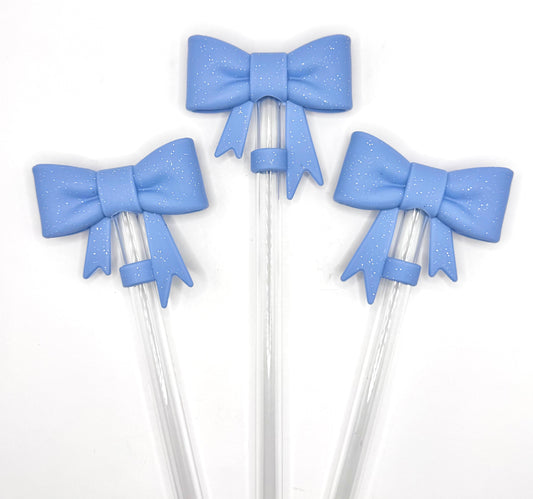 Blue glitter silicone bow straw topper