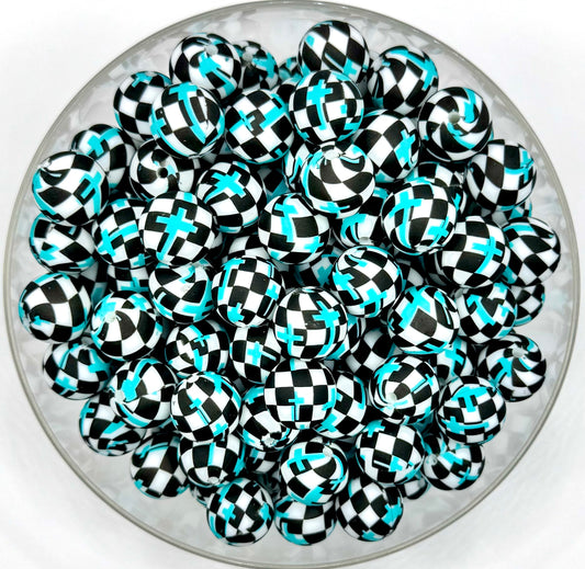 15mm Turquoise checkered cross print (HBK exclusive) silicone bead
