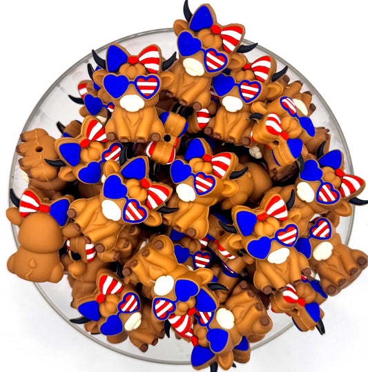 3D red white blue highland cow silicone focal bead (dark brown)