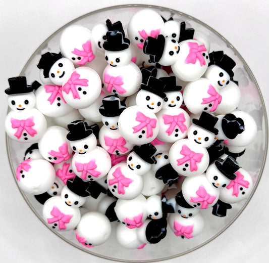 3D snowman with pink bow silicone focal bead
