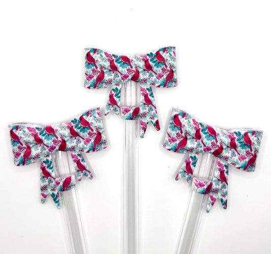Red cardinal big bow silicone straw topper ￼
