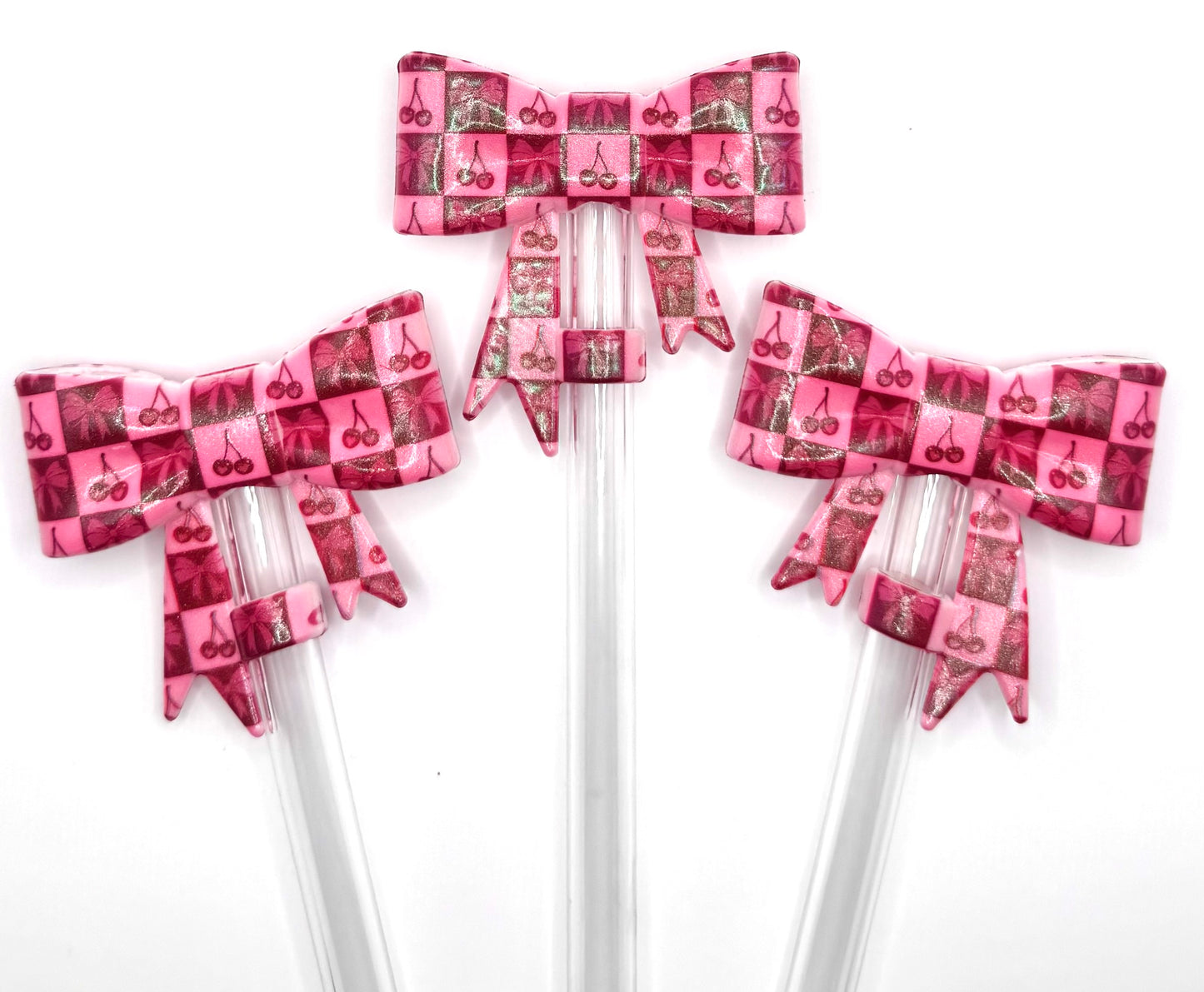 Checkered cherries & bows silicone bow straw topper