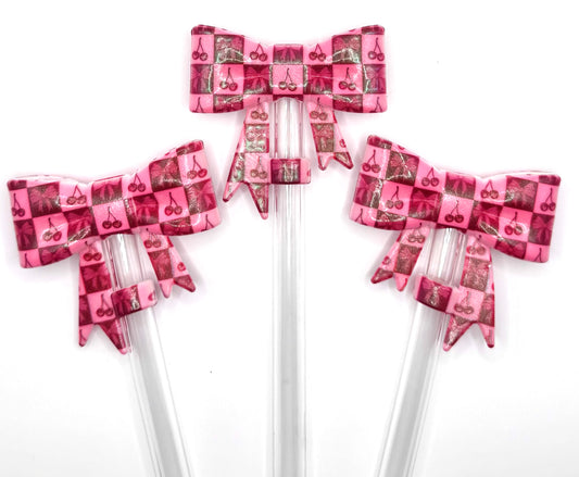 Checkered cherries & bows silicone bow straw topper