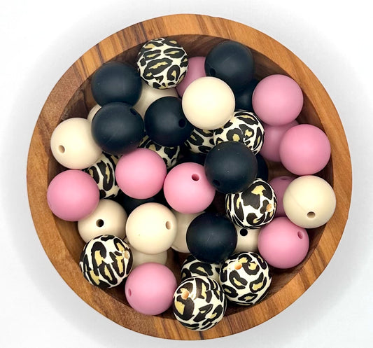 Pink, beige and leopard print 15mm silicone bead mix (40 beads total)