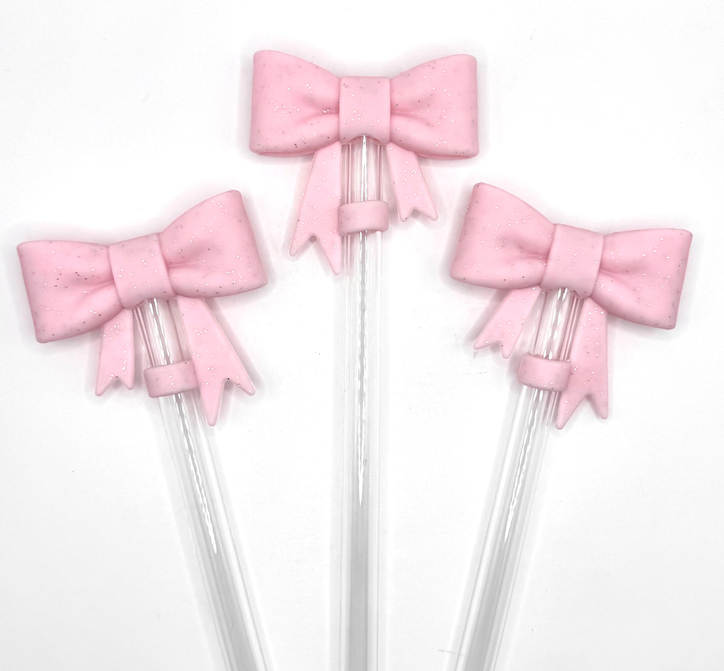 Baby pink glitter silicone bow straw topper