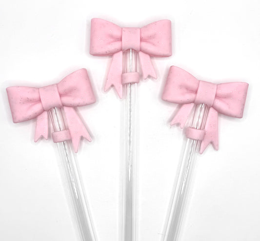Baby pink glitter silicone bow straw topper