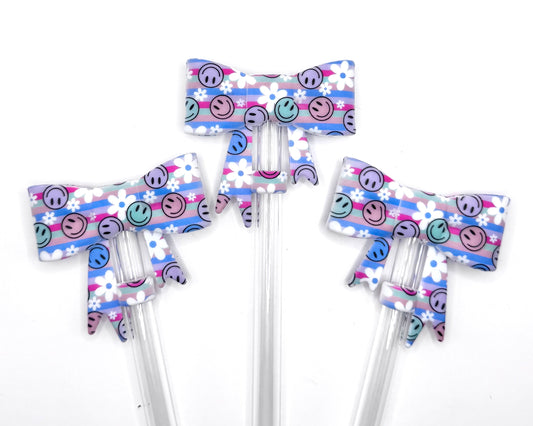 Striped smiley silicone straw topper