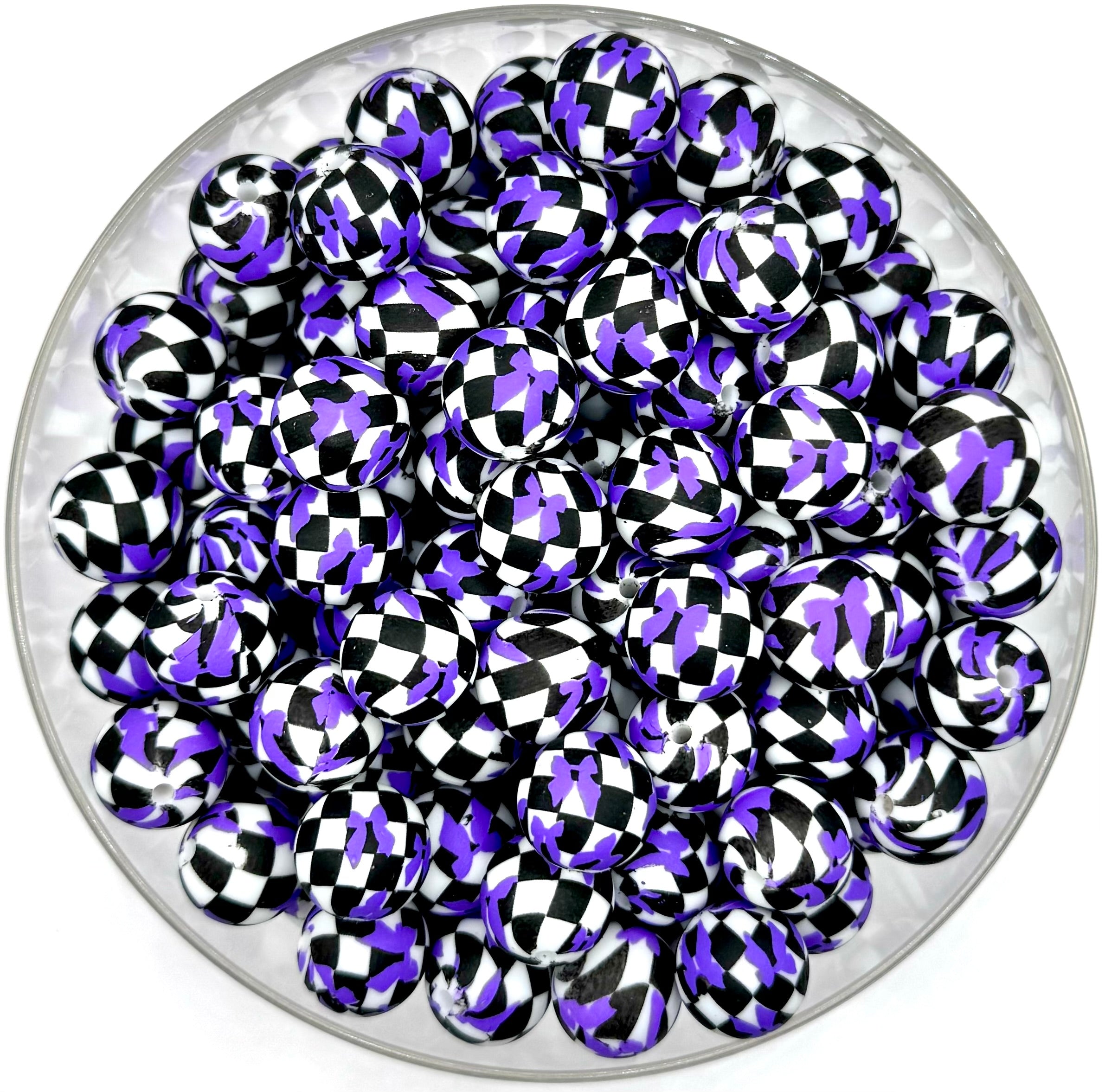 Purple Check Red 15mm purple bow checkered print (HBK exclusive) silicone bead
