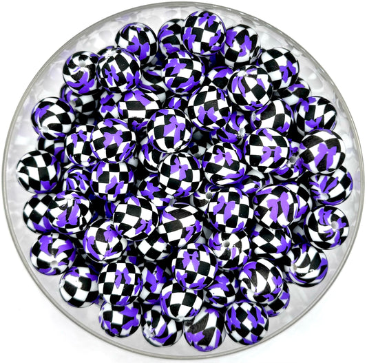 15mm purple bow checkered print (HBK exclusive) silicone bead