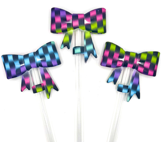 Neon checkered bow silicone straw topper