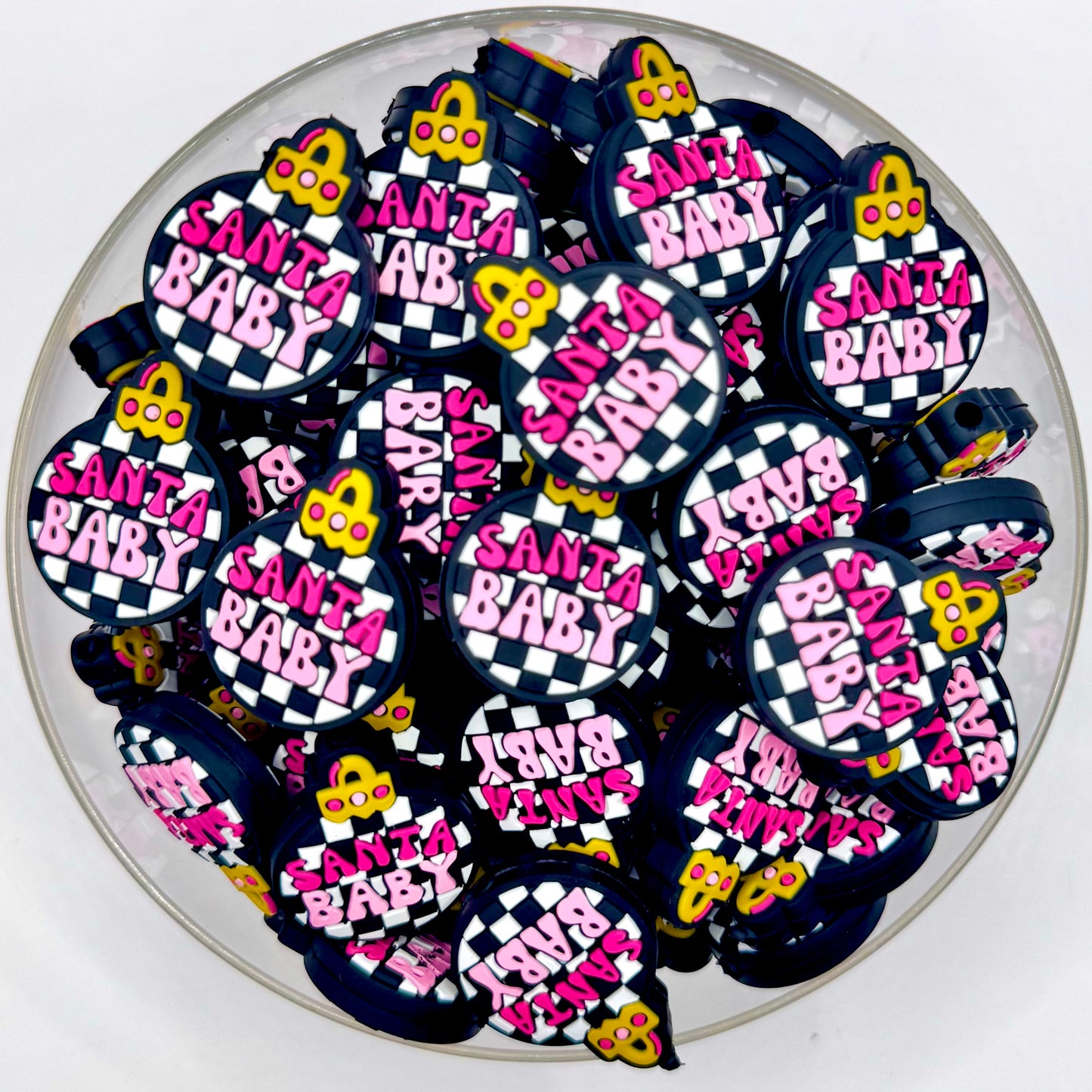 Pink Checkered Santa baby ornament (HBK exclusive) silicone focal bead