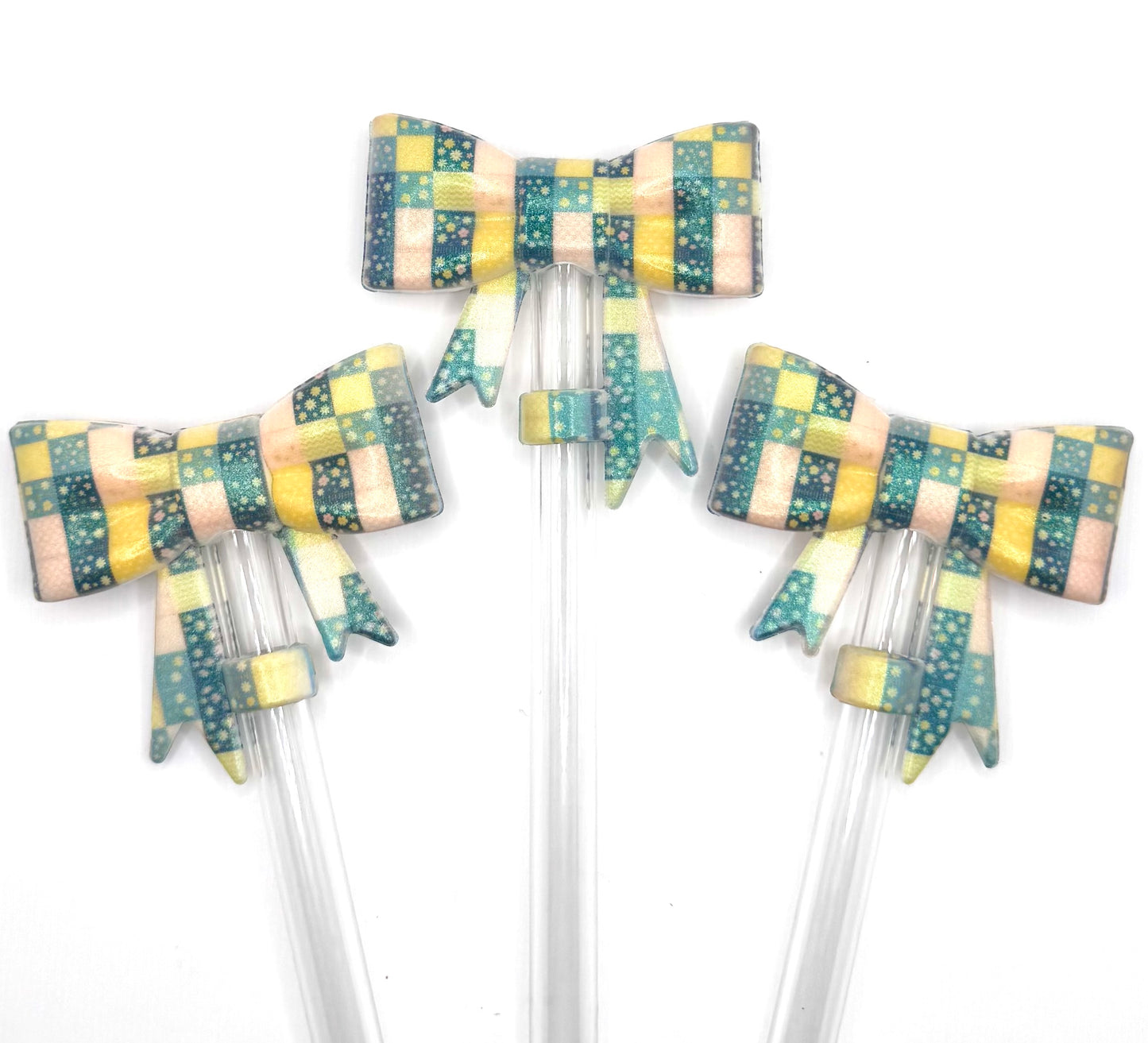 Opal quilt blue patchwork (HBK exclusive) bow silicone straw topper