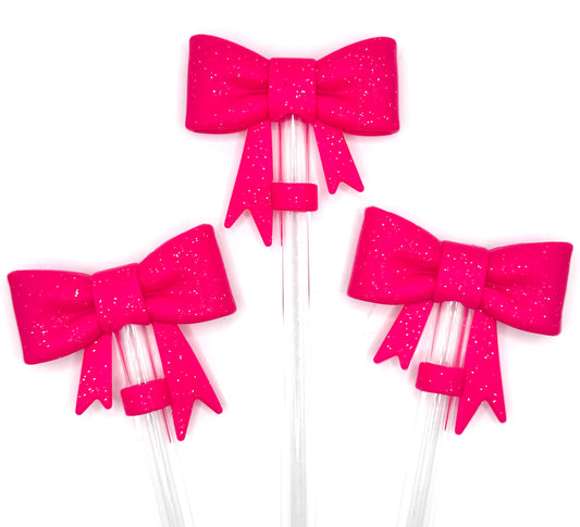 Hot pink glitter silicone bow straw topper