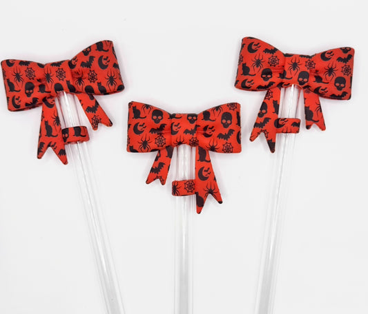 Orange Halloween print bow silicone straw topper