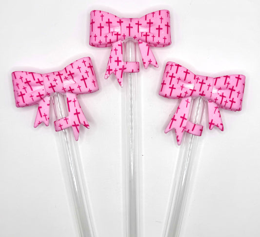 Pink cross print bow (HBK exclusive) silicone straw topper
