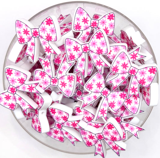 Pink daisy printed bow (HBK exclusive silicone focal bead
