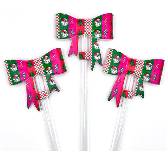 Retro holly jolly Christmas big bow silicone straw topper