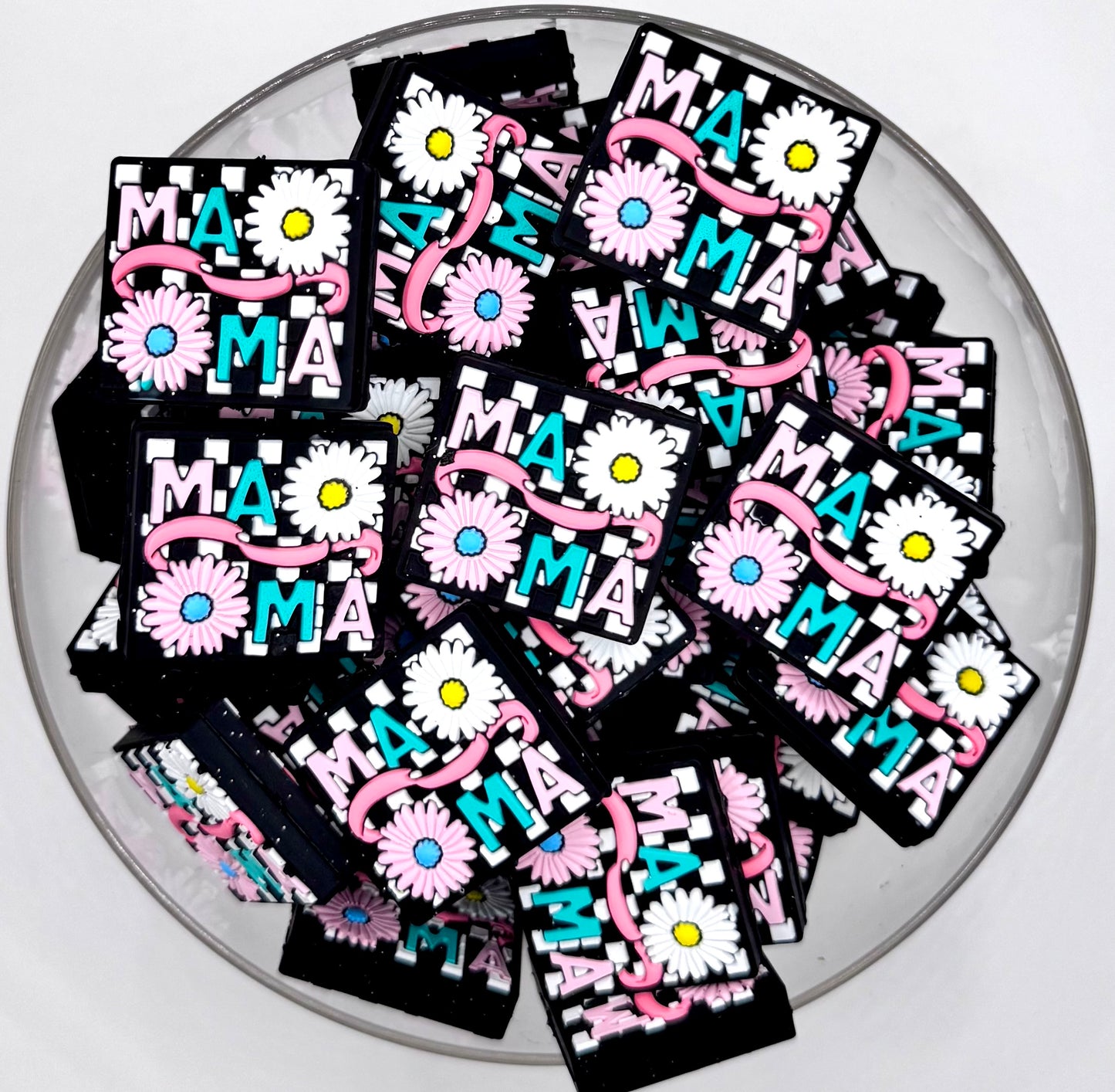 Checkered floral MAMA silicone focal bead