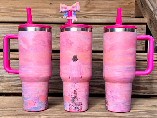 40oz stainless steel spill proof pink watercolor Jesus walking on water tumbler
