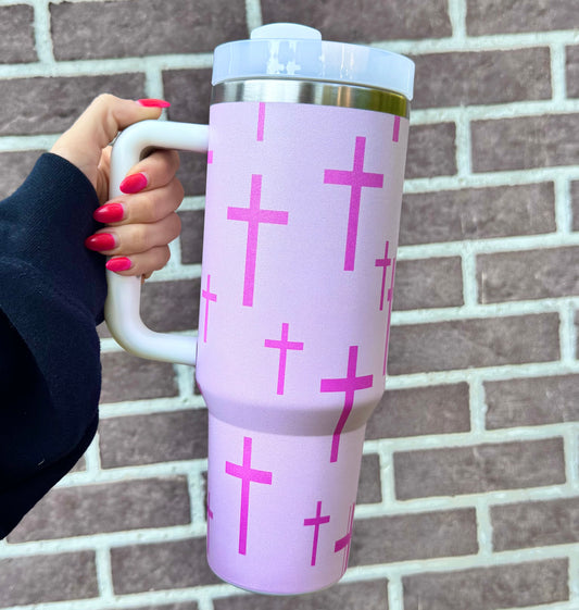 40 oz pink cross print stainless steel tumbler (HBK exclusive)