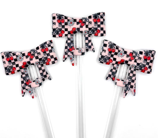 Black checkered daisy cherry silicone straw topper