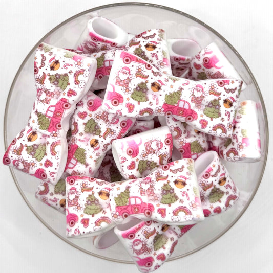 Pink country Christmas bow silicone focal bead