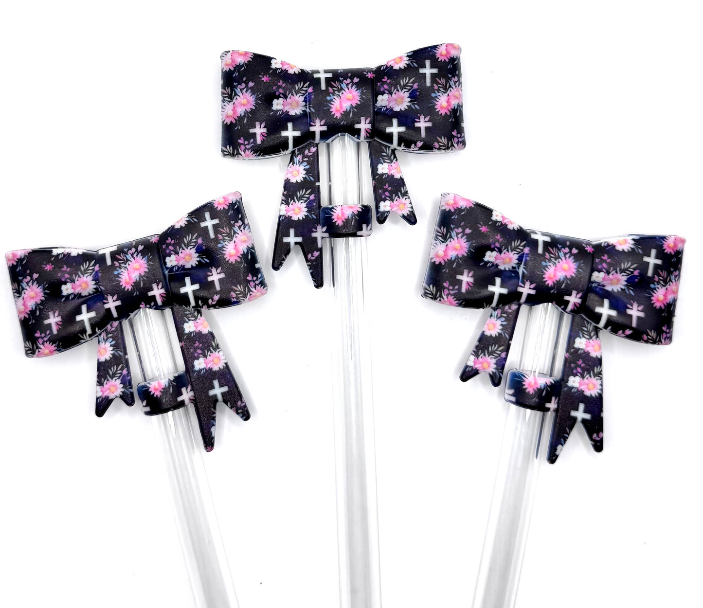 Midnight floral cross silicone straw topper
